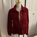 Miami Dark Red Denim Jacket Women’s Medium – Peplum Hem with Fringe Trim Photo 1