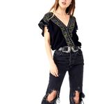Free People Luca embroidered black v neck cross over cropped top size Medium Photo 1