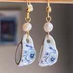 Handmade porcelain tea cup & freshwater pearls unique fun fairy antique style dangle earrings🫖🍃🌀 Photo 1