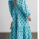 HANNAH Carmen open back printed cotton poplin maxi dress Turquoise Blue Size L Photo 2