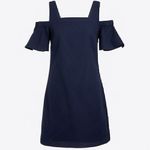 J.Crew Cold Shoulder Basketweave Textured Dress Navy Blue Mini Cotton Shift XS Photo 2