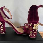 JEWEL BADGLEY MISCHKA VELVET BLOCK HEEL Wine Gold embellishment flower Size 6 Photo 1