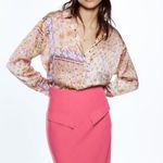 ZARA ππ Printed Satin Effect Shirt ~ Pink Multi-Color Paisley Print Medium Photo 3