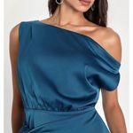 Lulus Elegant Dark Teal Blue Satin Asymmetrical Tie Front Dress Women’s M – NWT Photo 1
