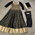 Embroidered party wear Indian long gown anarkali kurta 3 piece set Black Photo 1