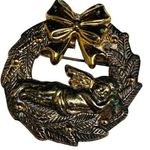 Christmas Pin Brooch Pendant BEST Wreath Sleeping Angel Cherub Baby Two Toned Gold Photo 0