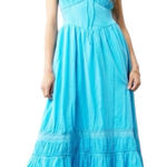 American Eagle Corset Tiered Maxi Dress sz Large Blue Smocked Milkmaid Boho Photo 0