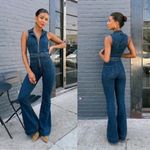 Show Me Your Mumu Women’s Jacksonville Blue Cotton Sleeveless Flare Jumpsuit L Photo 1