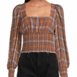 Gianni Bini Brown Plaid Smocked Crop Top Long Puff Sleeve Square Neck Sz 10 New Photo 0