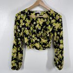 Mango Floral Crop Top Long Sleeve Blouse Black Yellow Green Size S Photo 1