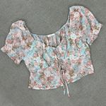 Active USA  Sheer Floral Chiffon Tie Front Crop Blouse Blue Pink 1XL Puff Sleeve Photo 14