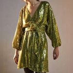 Anthropologie  Chartreuse Lisabette Sequin Wrap Mini Dress, NWT Photo 0