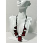 Geometric Statement Necklace Gunmetal Red‎ Gemstone Matinee 20 Inch Chunky Red Photo 2