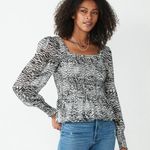 Nine West Black White Zebra Print Square Neck Smoked Lined Long Sleeve Blouse L Photo 0