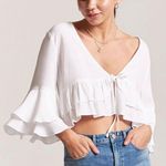 Forever 21 White Crop Top Bell Sleeves Tie Front Cardigan Blouse Top Size M Photo 0