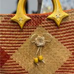 Vintage Woven Straw Rattan Raffia Wood Handle Tote Hand Beach Bag Red Photo 1