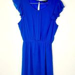 Timing  Blue Sheer Ruffle Sleeve Dress Flowy Pleated Front Photo 1
