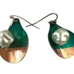 Boutique Teal And Gold Tear Drop Earrings Hook Back Faux Pearl Photo 4