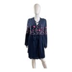 Embroidered Floral Navy Blue Bohemian Bell Sleeve Dress‎ Tunic Style Crown & Ivy Size L Photo 2