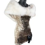 COQUETTE Y2K Mermaid Sequins Body Con Mini Dress Faux Fur Off Shoulder Women’s M Gold Size M Photo 6