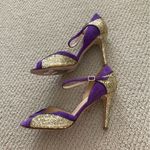 Kate Spade Corinne Carla Glitter Gold Purple High Heel Peep Toe Shoes Like New Photo 3