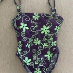 American Vintage Vintage 90s Neon Eclectic Hawaiian Floral Ribbed One Piece Swimsuit Small Purple Photo 0
