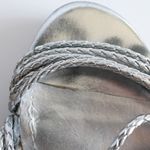 BCBGMAXAZRIA BCBG Paris Metallic Silver Faux Leather Woven Rope Strappy Cork Open Toe Wedges Photo 7