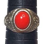 Silver Tone Ring Red Oval Cabochon Sz 8.5 Floral Design Photo 0