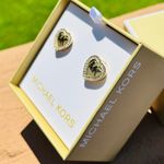 Michael Kors Gold Heart Logo Stud Earrings Crystal Halo NWT Photo 2
