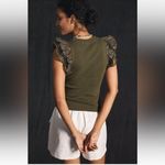 Anthropologie NWT  Lurex Ruffle Sleeve Olive Ribbed Knit Top Sz L Photo 2