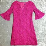 Adrianna Papell  Magenta Lace Short Bell Sleeve Dress Photo 0