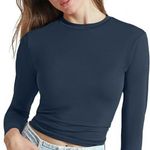 Memoryee Women’s Slim Fit Crop Top – Navy Blue Long Sleeve Tee, Size Small Photo 5