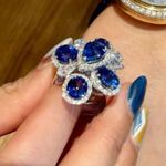 Luxury Geometric Faux Sapphire & Cubic Zirconia Floral Ring Silver Photo 0