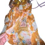 Luxxel  Maxi Dress Plunging Neckline Cap Ruffle Sleeves Yellow Gold Floral Size S Photo 5