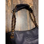 Tory Burch Navy Leather Marion Slouchy Tote Bag Purse Gold Chain & Wallet EUC Photo 5