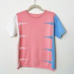 [Vintage] Pink Blue Abstract Crew Neck Short Sleeve Sweater Top Size Large L Photo 0