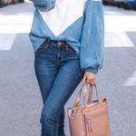 Women’s Sweater Colorblock Corduroy Crew Neck, Long Sleeve White/Blue/Pink Sz L White Size L Photo 0