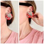 Handmade Cozy Gray & Red Pom Pom Boho Chunky Knit Yarn Earrings, Stud Post Back Photo 4