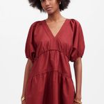 Madewell  Puff Sleeve Mini Dress Poplin Claret Burgundy A Line Pockets Large NWT Photo 1
