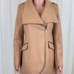 French Connection Asymmetrical Zip Wool Blend Leather Accent Tulip Coat Tan Sz 6 Photo 0