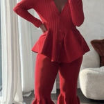 Commense Red Flare Leg Pants Size Medium Ribbed Knit Boho Artsy Bell Bottoms Photo 0