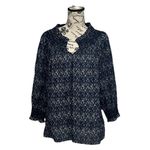 Talbots  Top Womens L Blue Geometric Print Smocked Neck Cotton Boho Boho  Peasent Photo 1