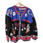 Cardigan Bay Sweater Cowboy Boot Hand Knitted Small button front vtg equestrian Blue Photo 0