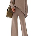 Coordinating 2 Piece Set Sweater Knit Wide Leg Pants Lounge Taupe Women Size XL Tan Photo 0