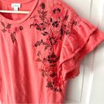 Sundance Coral Floral Embroidered Tee Flutter Ruffle Short Sleeves Boho Size S Orange Photo 1