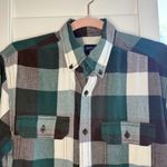 Faded Glory  Flannel Plaid Shirt in Green Black & White Herringbone size Small Photo 2