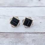 Vintage Earrings for Pierced Ears Dainty Black, Clear Gem, Gold Tone Black Photo 1