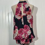 Iz Byer Halter Top L Black Pink Rose Floral Smocked Hem Y2K Coquette Blouse Photo 1