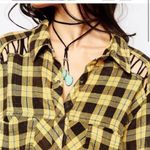 Free People Gauzy Plaid Black Yellow Button Down Shirt size XS oversized Photo 2