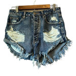 Impressions Distressed Denim Shorts Frayed Hem Ripped High Waist Blue Festival Cute Photo 0